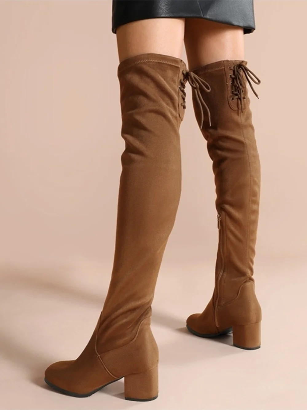 Dream Pairs Laurence Over-the-Knee Lace-Back Block Heel Boots in Brown